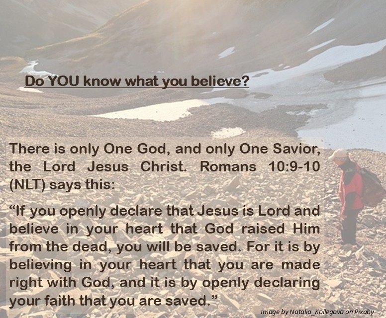 There is only One God, and only One Savior, the Lord Jesus Christ. Romans 10:9-10 (NLT) says this: "If you openly declare that Jesus is Lord and believe in your heart that God raised Him from the dead, you will be saved. For it is by believing in your heart that you are made right with God, and it is by openly declaring your faith that you are saved."