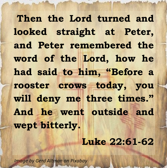 61 Then the Lord turned and looked straight at Peter, and Peter remembered the word of the Lord, how he had said to him, “Before a rooster crows today, you will deny me three times.” 62 And he went outside and wept bitterly.